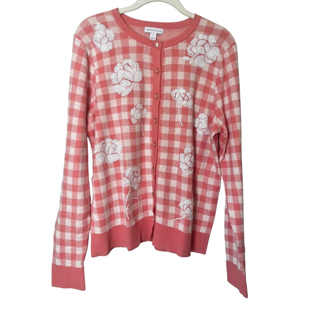 Charter Club Women's Sandy Pink Sequin Embroidered Button-Front Cardigan sz. L